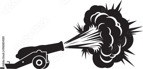 Cannon, explosion, black silhouette, vector illustration, warfare, military