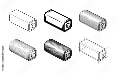 A set of six 9-volt batteries in various technical illustration styles. Includes outline, engraving, stippling, and blueprint designs for tech or energy concepts. Vector graphic.