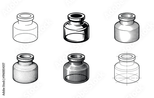 Set of six technical illustrations of a glass vial. Features diverse graphic styles like line art, engraving, and stippling. Perfect for medical, science, and pharmaceutical design.