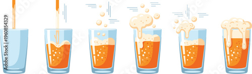 Beer Pouring Process Sequence Showing Liquid Filling Glass with Foam Bubbles Step by Step Minimal Flat Vector Illustration