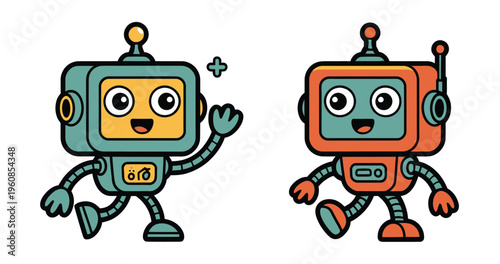 Friendly Walking Robot Characters Set Cute AI Android Mascots Retro Style Vector Design