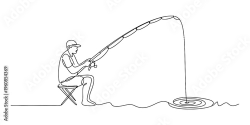 Continuous line drawing of a man sitting on a folding stool and fishing with a rod