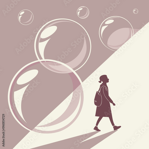 A girl walking on a path with soap bubbles floating in the air