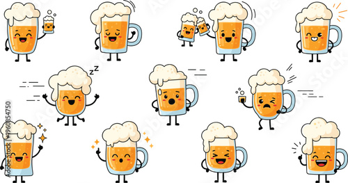 Cute Beer Mug Character Set Showing Different Emotions and Actions Cartoon Style Isolated Fun Beverage Mascot Vector Illustration