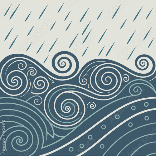 A blue wave with swirling white lines and rain