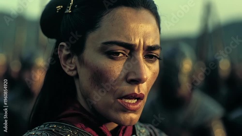 A warrior woman shown in a cinematic close-up, realistic style, on a blurred battlefield background, expressing a concept of determination and inner struggle