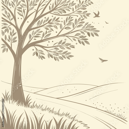 A tree on a hill with birds flying overhead