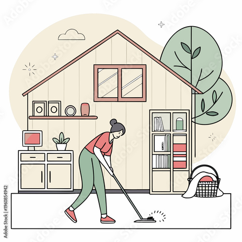 A woman sweeping the floor in her home