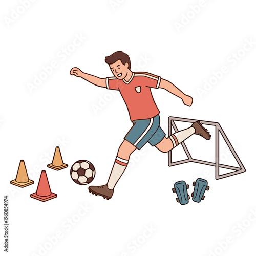Soccer player kicks ball with cones and goal in background actively