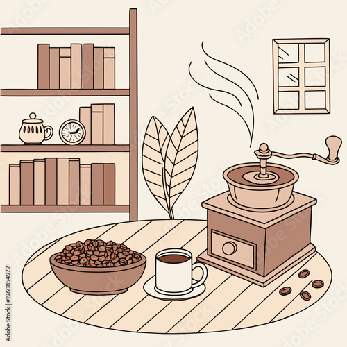 A coffee grinder on a table with coffee beans and a cup of coffee
