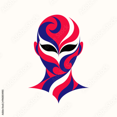 Abstract Stylized Human Head with Fluid Tribal Swirl Patterns. A dramatic, symmetrical vector portrait of an abstract human head. The form is composed of fluid, intertwined swirls and wave patterns 