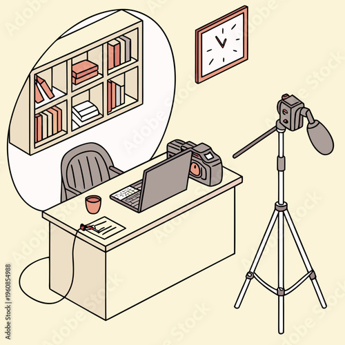 A desk with a laptop and a video camera on a tripod