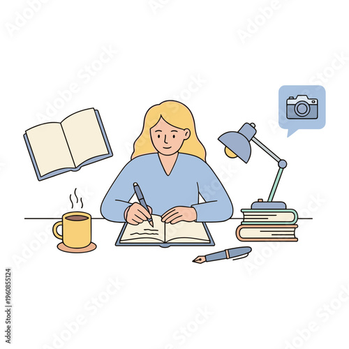 Woman studies with books and coffee at a desk with a lamp