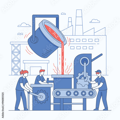 Industrial Foundry Workers Pouring Molten Metal into Machine.
