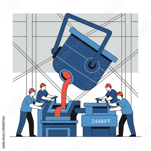 Industrial Foundry Workers Pouring Molten Metal into Molds.