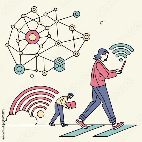 People walking with mobile devices and network connection