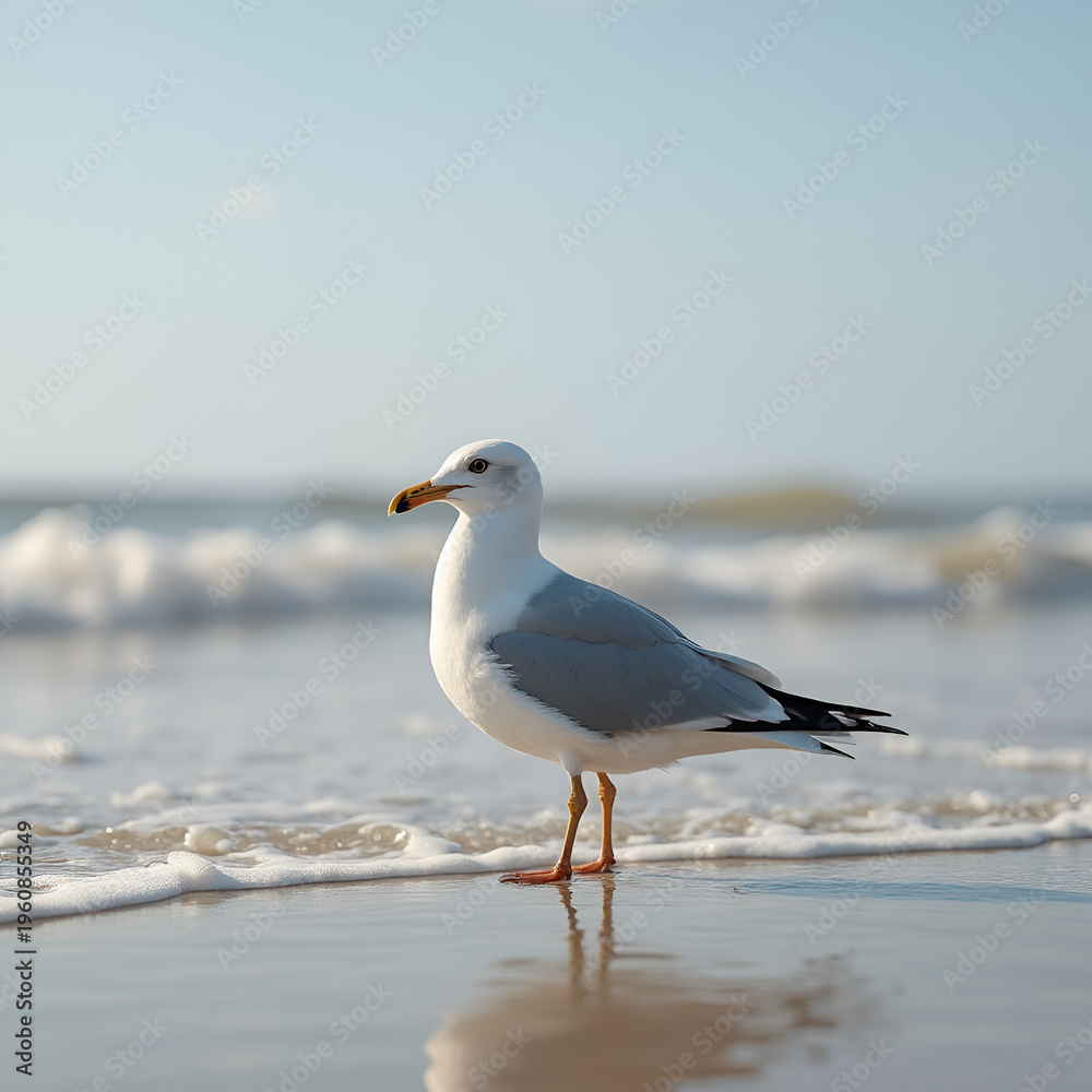 Fototapeta premium Lone Seagull Standing on a Sunlit Shoreline with Gentle Ocean Waves