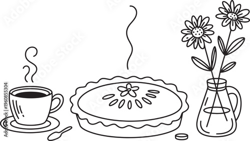 Cozy breakfast scene with hot coffee pie and flowers, perfect for cafe or home decor. Vector illustration
