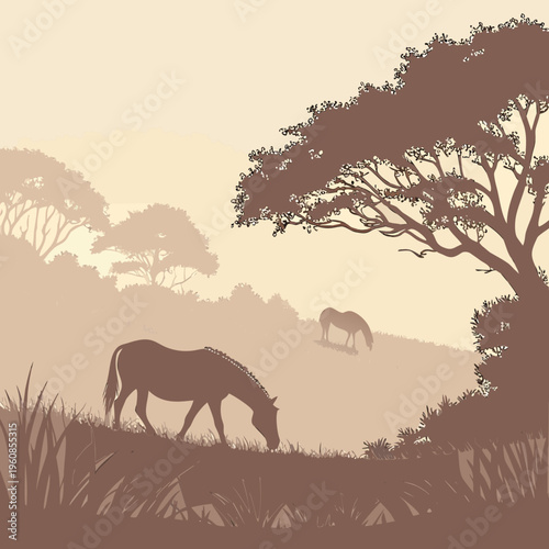 Two horses grazing in a field with trees