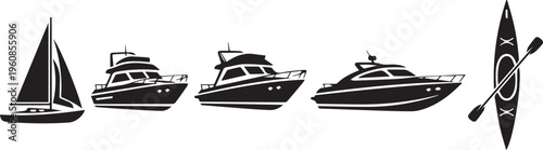 Boat and Yacht Silhouette Icons: Sailboat and Kayak Vector Set