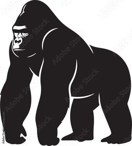 Black silhouette of a powerful gorilla strong primate illustration for wildlife and zoo themes isolated on white background