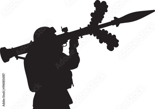 Silhouette soldier, RPG launcher, black icon, military symbol, vector graphic