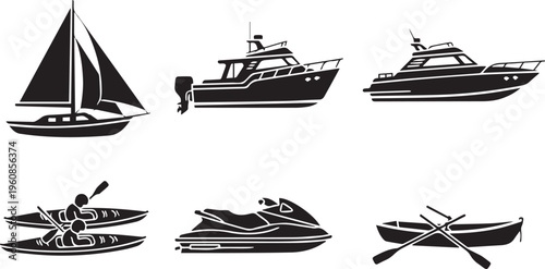 Watercraft Icons Set, Boat and Marine Vessel Vector Silhouettes