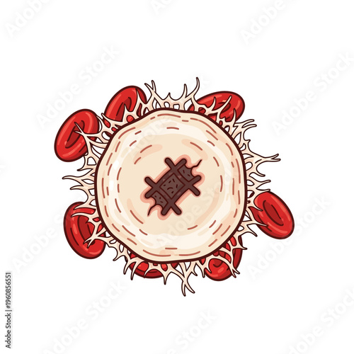 Medical illustration of a blood cell with surrounding red blood cells.