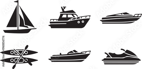 Nautical Boat Icon Set: Yacht, Sailboat, Speedboat, Jet Ski, and Kayak Silhouette Vectors