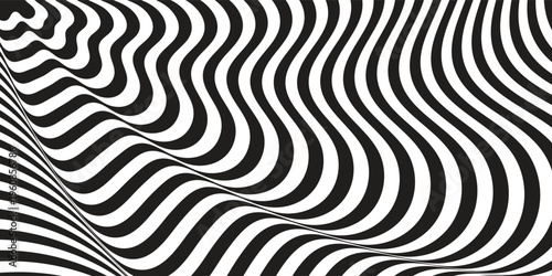 Abstract op art background with curved striped lines. Twisting motion illusion 3D effect vector illustration