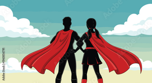 Back view silhouette of a brave superhero couple wearing red capes standing together against a cloudy blue sky background confidently