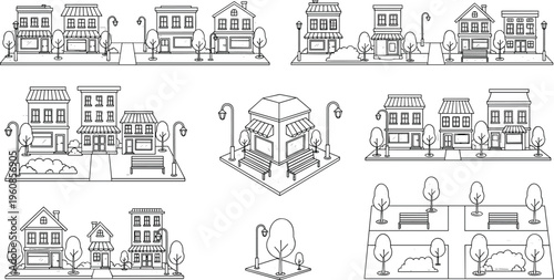 Small town street landscape vector collection featuring minimalist line art storefronts houses park benches and trees for urban design