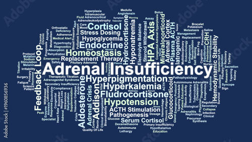 Adrenal Insufficiency Word Cloud. A Professional Mapping of Hormonal Deficiency, HPA Axis Mechanisms, Diagnostic Standards, and Critical Management Protocols for Adrenal Health.