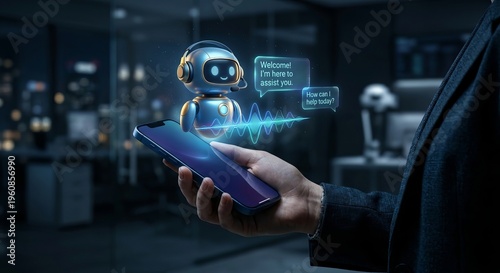 Interactive Robot Assistant Chatbot on Smartphone with Voice Waveform and Welcome Message