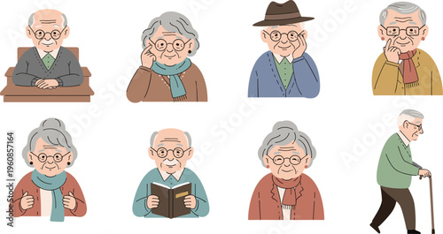 Senior elderly people character vector set with grandmother and grandfather figures reading walking and sitting in flat style