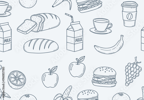Whimsical Hand-Drawn Food and Drink Pattern Featuring Staple Groceries and Refreshments on a Light Background
