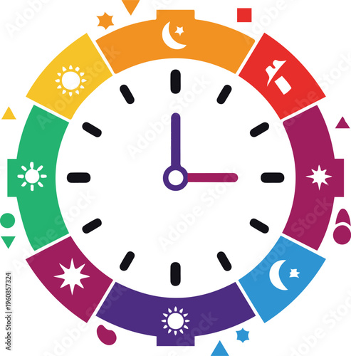 A colorful clock face displays various symbols and icons around its dial.