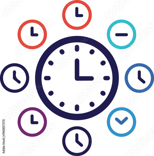 Multiple clocks display various times around a central clock