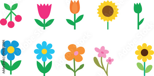 Colorful flat flower  hand drawn sketchy doodle illustration, flowers for prints and cards icons set vector illustration