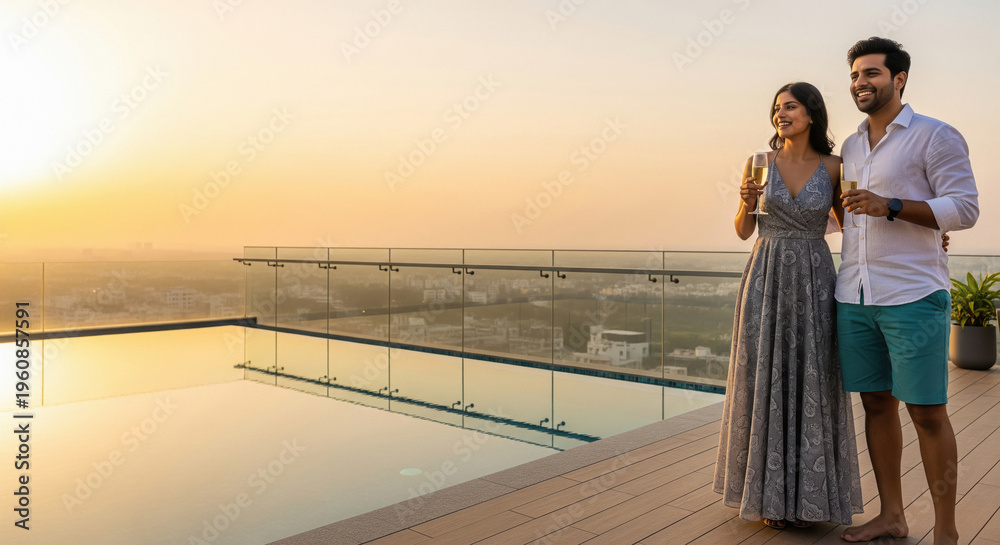Obraz premium A happy couple enjoys drinks on a rooftop pool terrace while watching a beautiful sunset over the city.