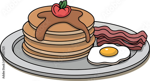 Plate of pancakes with syrup bacon and fried egg for breakfast illustration. Vector illustration