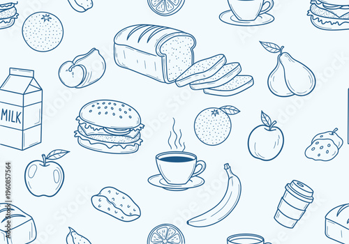 A delightful pattern of assorted food and drink items, including bread, fruits, burgers, and beverages, perfect for culinary designs