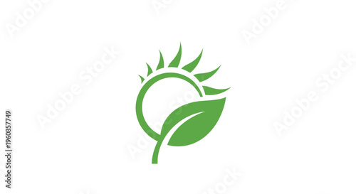 Green leaf and sun logo design, representing nature and environment.