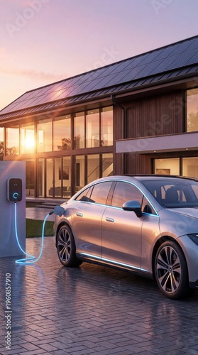 Modern electric car charging at contemporary house with solar panels during sunset. Clean energy lifestyle scene highlighting eco-friendly technology, sustainability, and smart living.