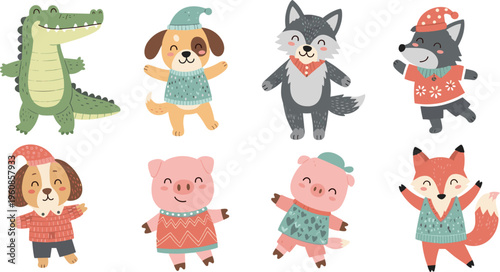Cute cartoon animals set winter clothes characters fox pig dog wolf crocodile illustration kids design isolated on white background vector collection