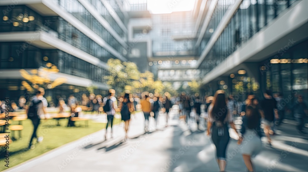 Fototapeta premium Modern University Hallway with Blurred Student Activity