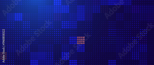 Abstract Digital Pixel Mosaic Background. Blue Halftone Squares Dotted Grid Pattern. Futuristic Technology Backdrop Design. Tech Cyber Data Texture. Vector Illustration