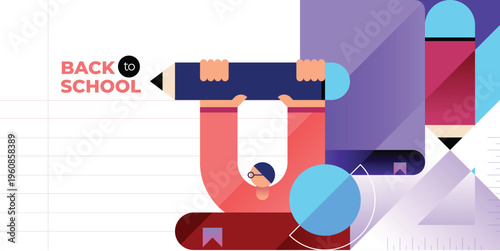 Colorful Back to School Background with Kids, School Supplies and Educational Elements