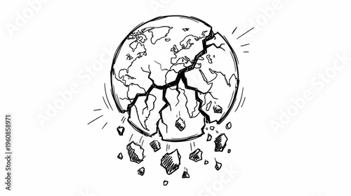 Cracked Earth Globe Breaking Apart Symbolizing Environmental Damage and Planet Destruction, Isolated White Background.