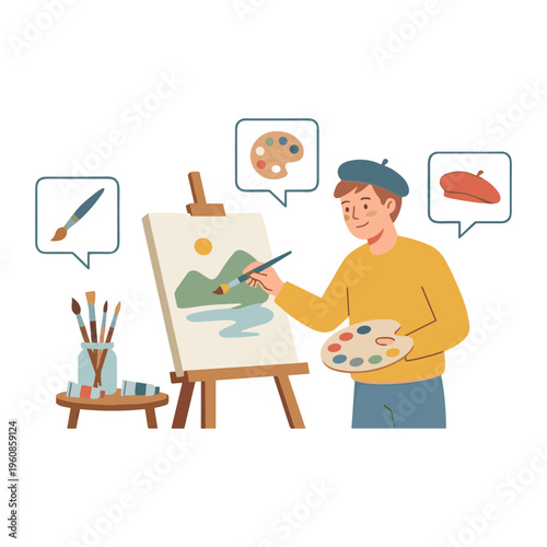 Artist in studio painting landscape with easel and brushes nearby